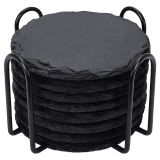 8个圆形石板饮料杯垫套装，4英寸黑色石板石杯垫，配有防刮底和杯垫支架，用于饮料杯垫，用于酒吧，厨房和家居装饰